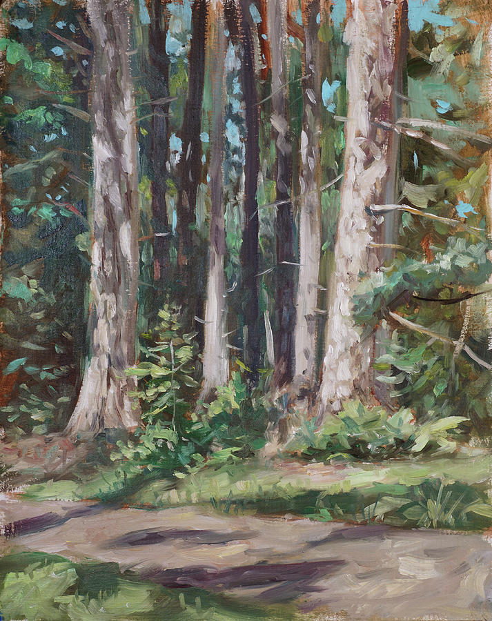 Plein air painting 103 Rhinefield Forest tree trunks Painting by Martin Davey