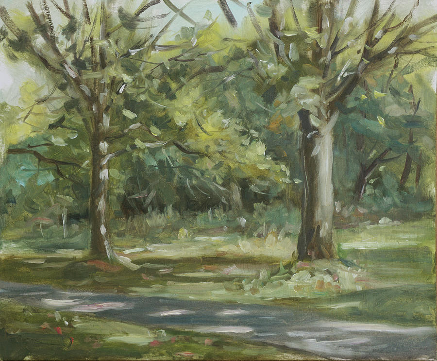 Plein air painting 18 trees with sunlight Painting by Martin Davey