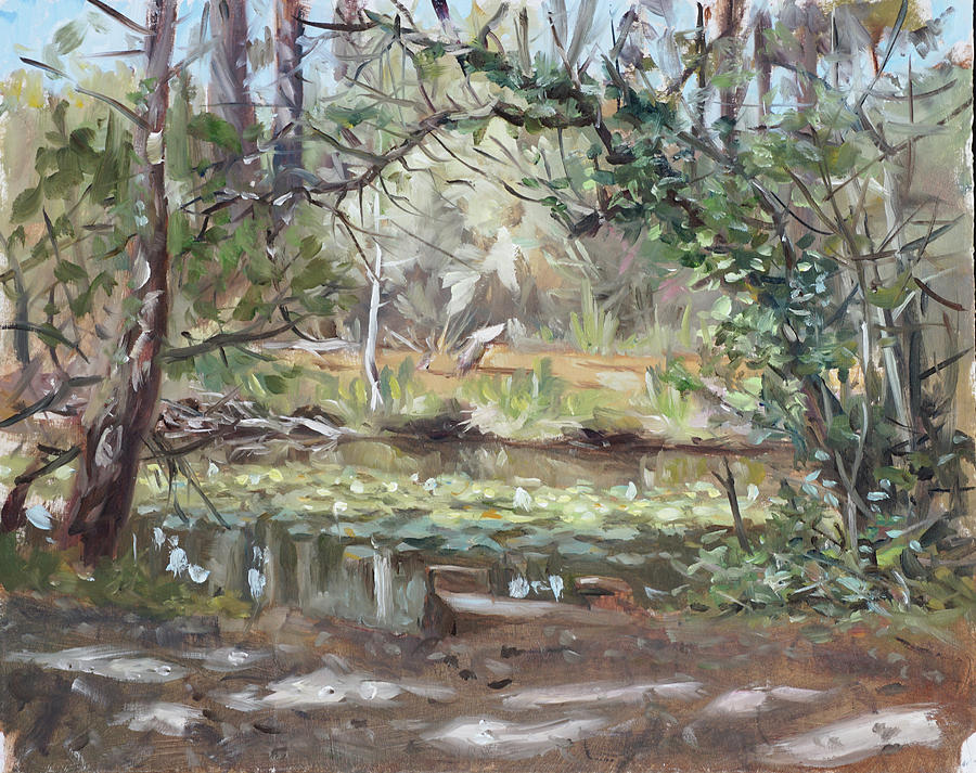 Landscape Painting - Plein air painting 48 ornamental lake lillies by Martin Davey