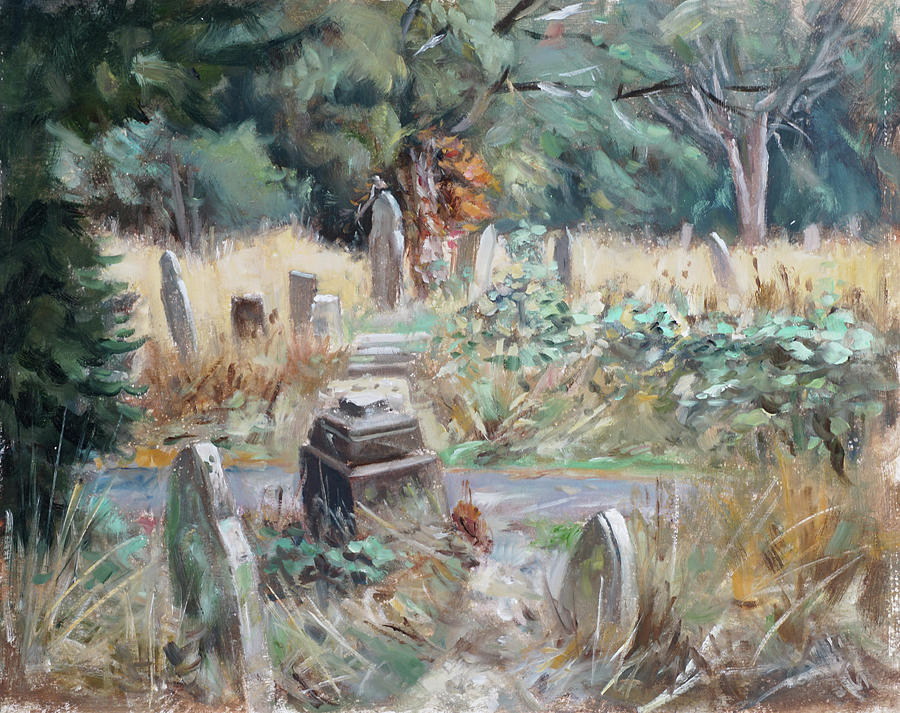 Plein air painting 59 Old cemetery with rain due Painting by Martin Davey