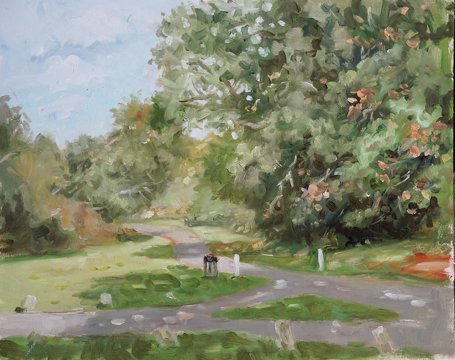 Plein air painting 86 Southampton common path junction  Painting by Martin Davey