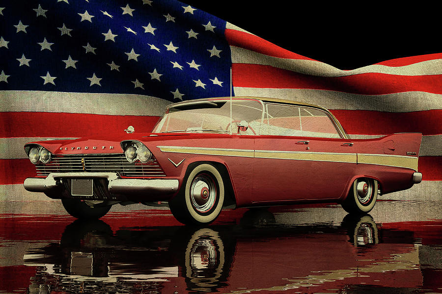 Plymouth Belvedere with American flag Digital Art by Jan Keteleer