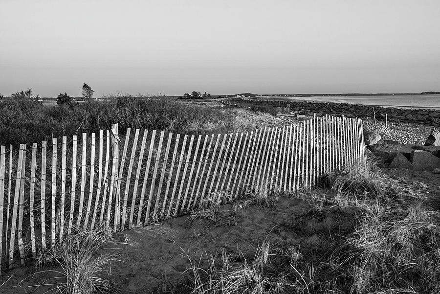 Plymouth Long Beach Wooden Fence in the Morning Sun Plymouth Massachusetts Black and White Photograph by Toby McGuire