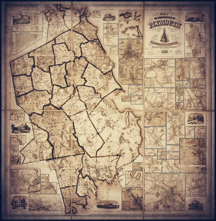 Vintage Photograph - Plymouth Massachusetts Vintage Antique Map 1857 Sepia by Carol Japp