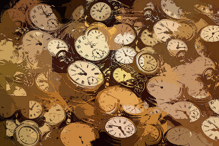 Pocket Watches Steampunk Style Abstract-The Many Faces of Time Mixed Media by Shelli Fitzpatrick