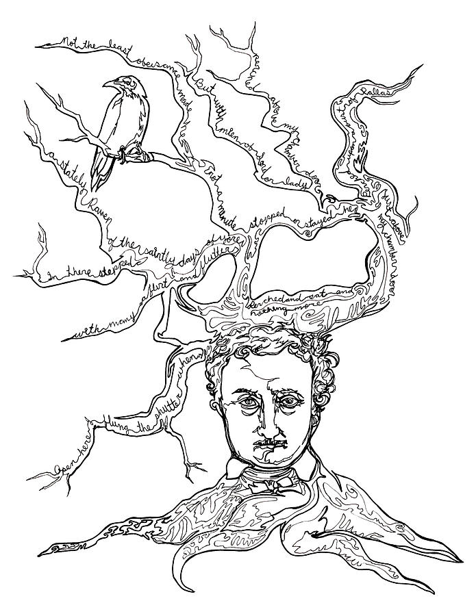Poet Tree - Edgar Allan Poe Drawing by Katherine Nutt