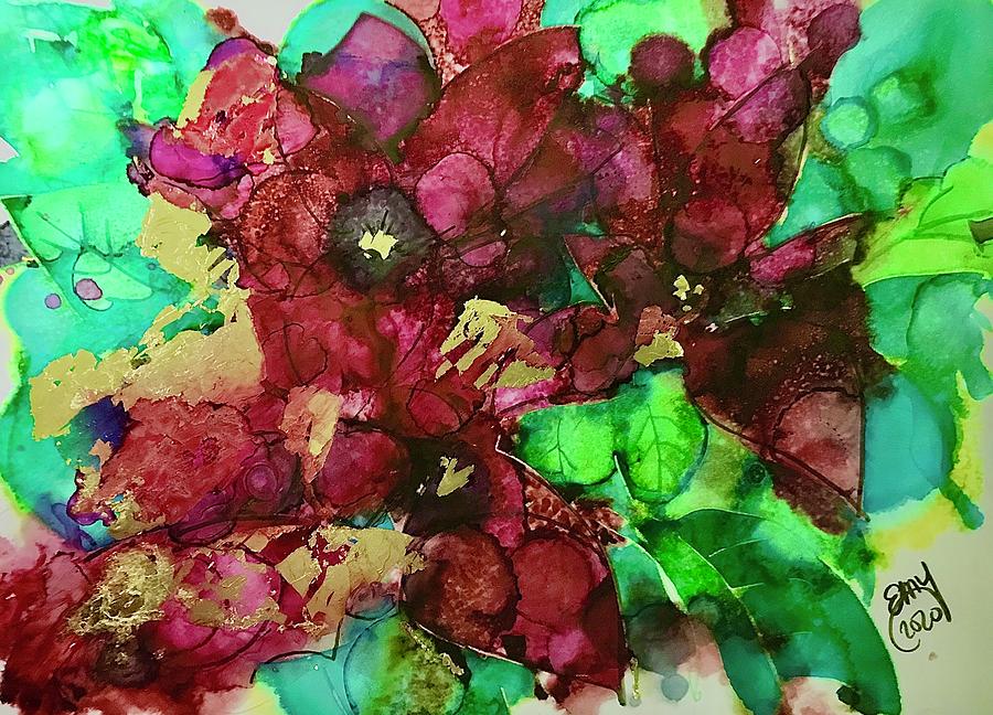 Poinsettia Abstract in Alcohol Ink and Gold Foil Mixed Media by Eileen Backman