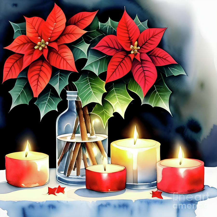Christmas Digital Art - Poinsettia and Holiday Candles by Eva Lechner