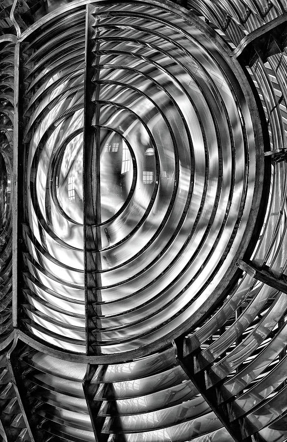 Point Arena Lighthouse Fresnel Lens Glass and Brass Black and White Abstract  Photograph by Kathleen Bishop