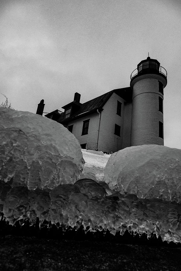 Point Betsie Lighthouse low view in black and white Photograph by Eldon McGraw