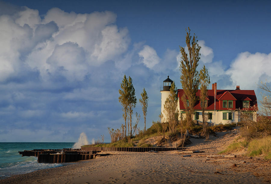 Point Betsie Lighthouse With Cloudy Blue Skies Photograph