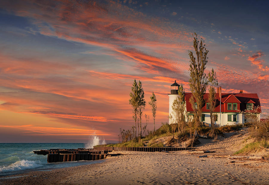 Point Betsie Lighthouse with Red Sky Photograph by Randall Nyhof