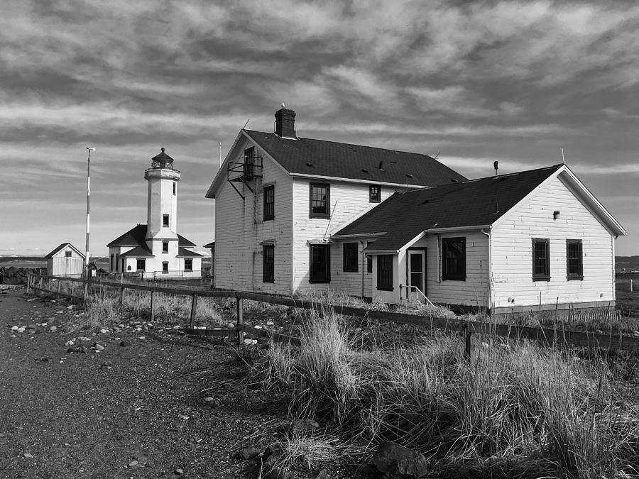 Point Wilson Lighthouse and Keepers House BW Photograph by Jerry Abbott