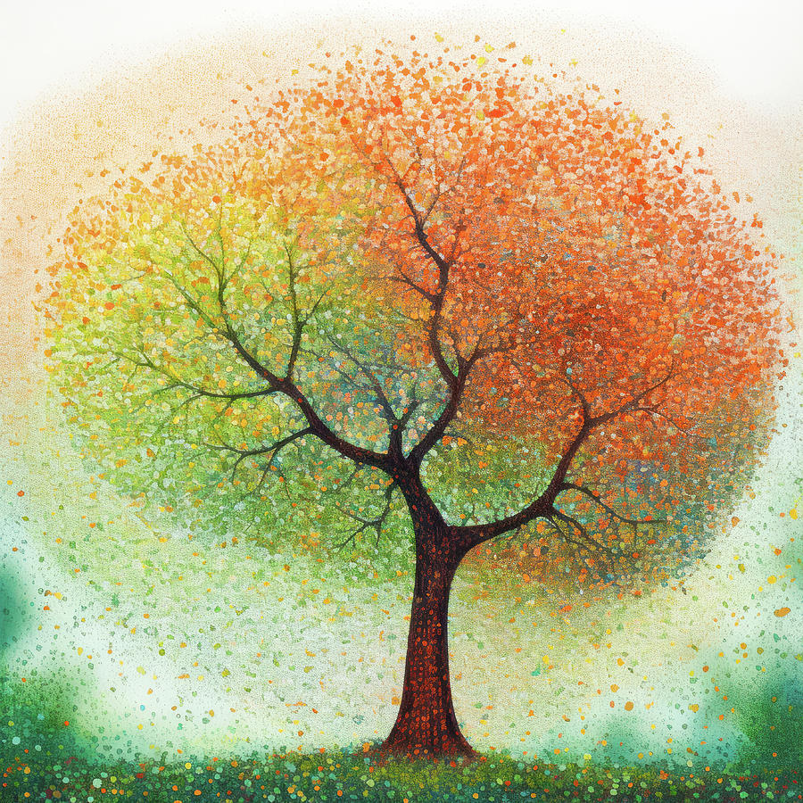 Pointillism Tree 01 Green and Orange Digital Art by Matthias Hauser
