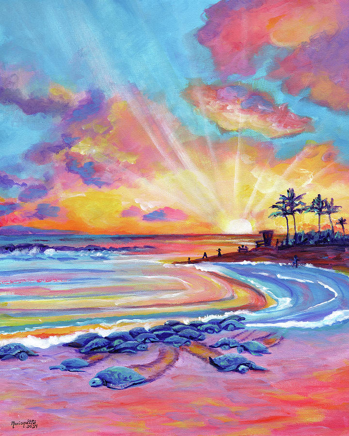 Sunset Painting - Poipu Turtles at Sunset by Marionette Taboniar