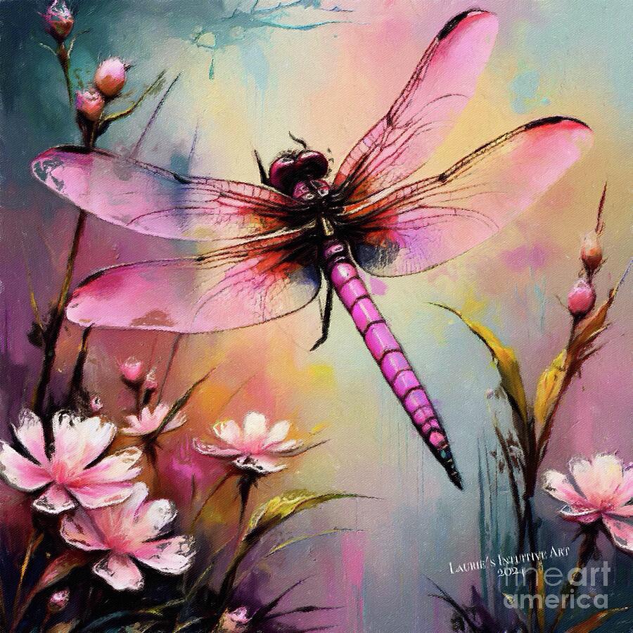 Flower Digital Art - Poised Pink Dragonfly by Lauries Intuitive