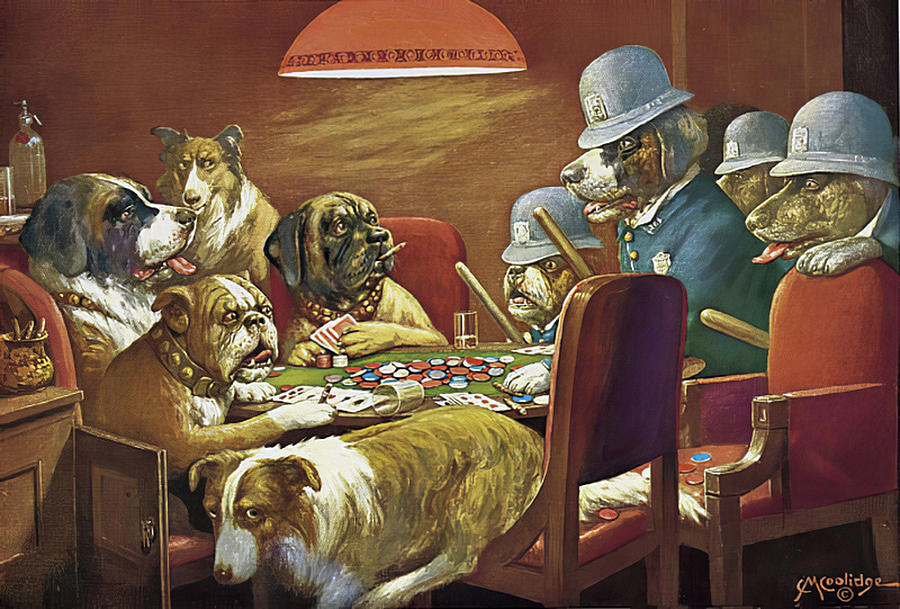 Poker Dogs Pinched With Four Aces Painting by C M  Coolidge