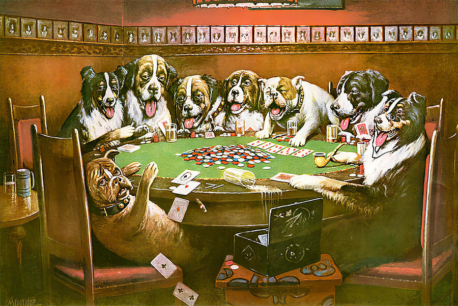 Animal Painting - Poker Dogs Poker Sympathy  by C M  Coolidge