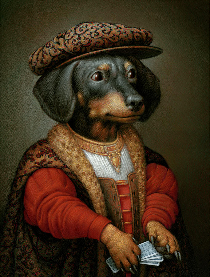 Pokerdog Dachshund Pastel by Kurt Wenner
