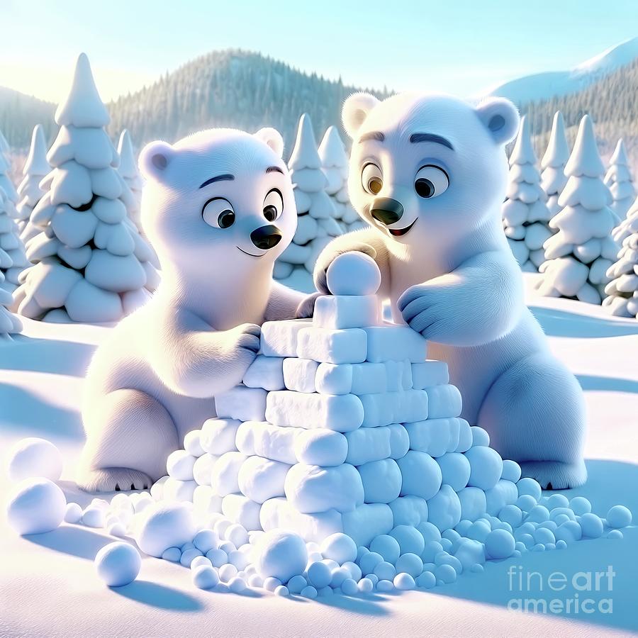 Polar Bear Friends Building a Snow Pyramid Digital Art by Rose Santuci-Sofranko