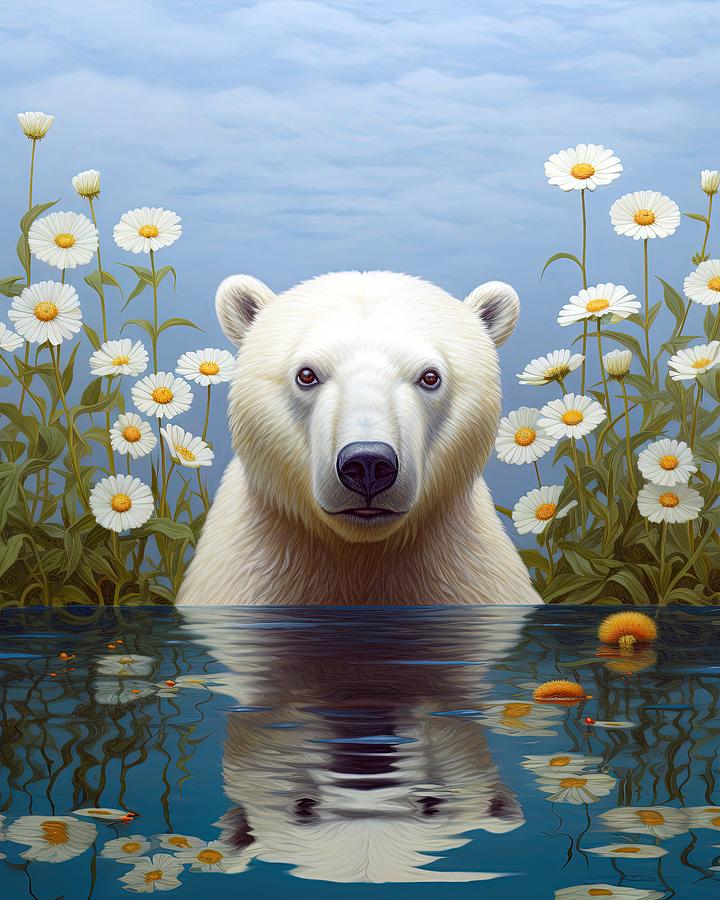 Polar Bears Aquatic Oasis Amidst Daisies Painting by Vincent Monozlay