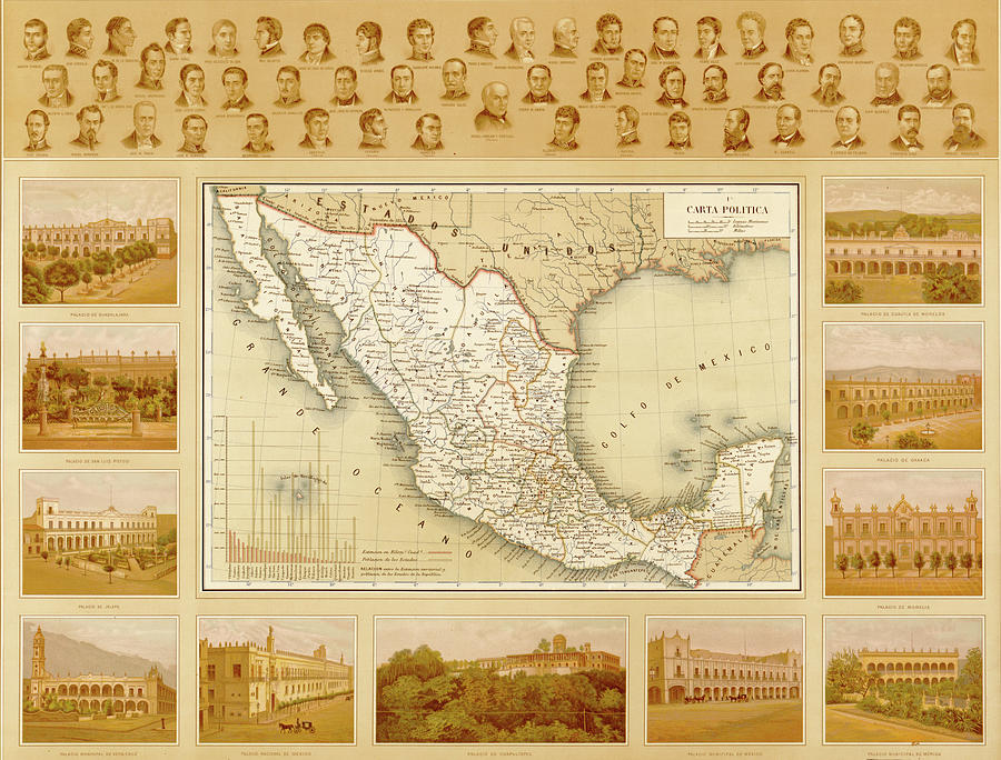 Map Drawing - Political Map of Mexico by Vintage Maps