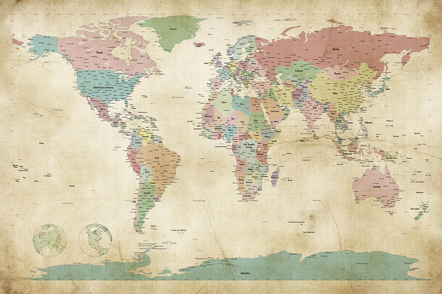 Political Map of the World Map Old Style Digital Art by Michael Tompsett