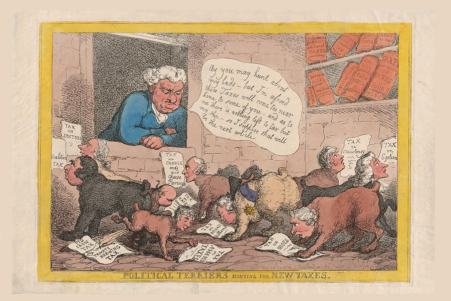 Political Terriers Hunting for New Taxes Drawing by Thomas Rowlandson