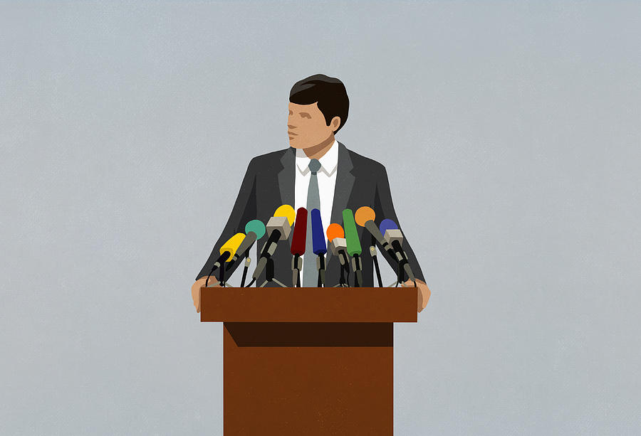 Politician speaking at microphones on podium Drawing by Malte Mueller