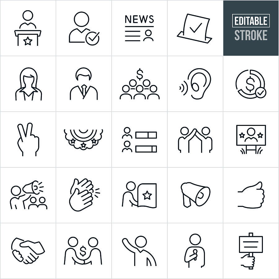 Politics and Election Thin Line Icons - Editable Stroke Drawing by Appleuzr