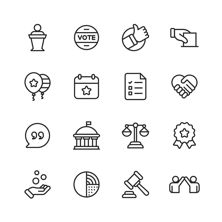 Politics Line Icons. Editable Stroke. Pixel Perfect. For Mobile and Web. Contains such icons as Voting, Campaign, Candidate, President, Handshake, Law, Donation, Government, Congress. Drawing by Rambo182
