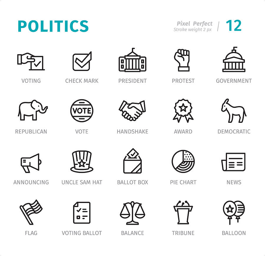 Politics - Pixel Perfect line icons with captions Drawing by Lushik