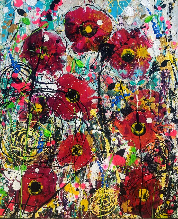 Polka dot poppies detail Painting by Angie Wright
