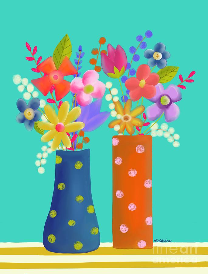 Colorful Flowers Digital Art - Polka Dot vase of flowers by Christy Robbins