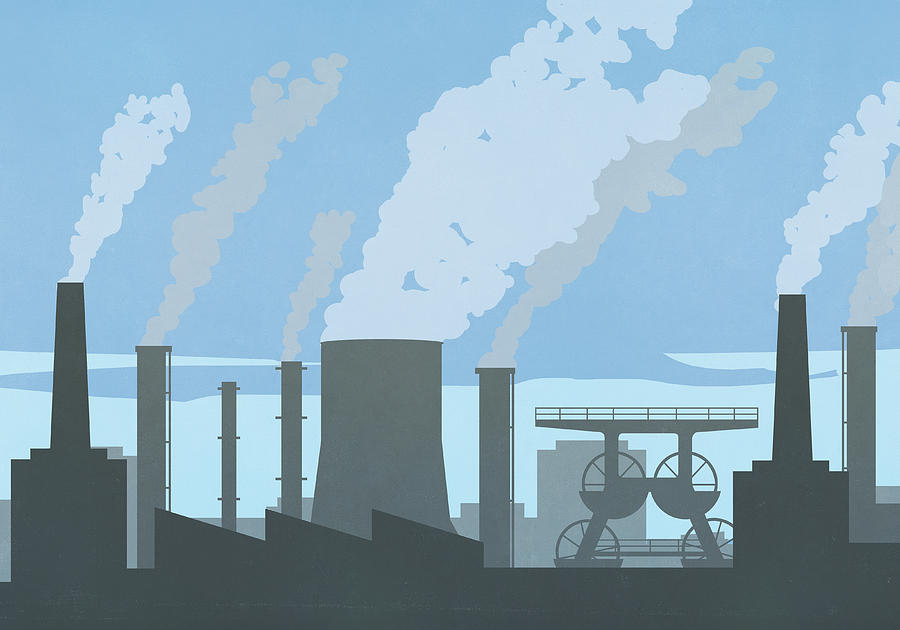 Pollution smoke emitting from factory smokestacks Drawing by Malte Mueller