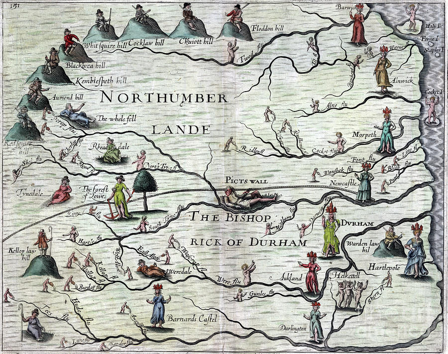 POLY-OLBION - Map of Northumberland, 1622 Drawing by Michael Drayton
