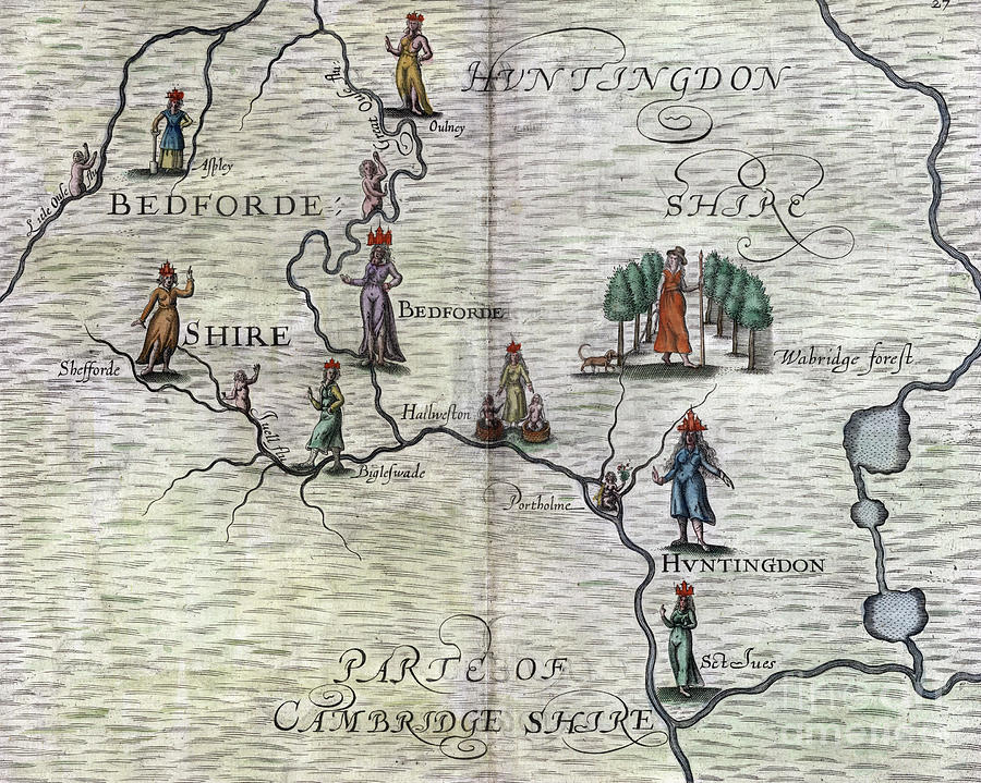 Poly-Olbion - Map of Bedfordshire, Huntingdonshire, and part of Cambridgeshire, England Drawing by Michael Drayton