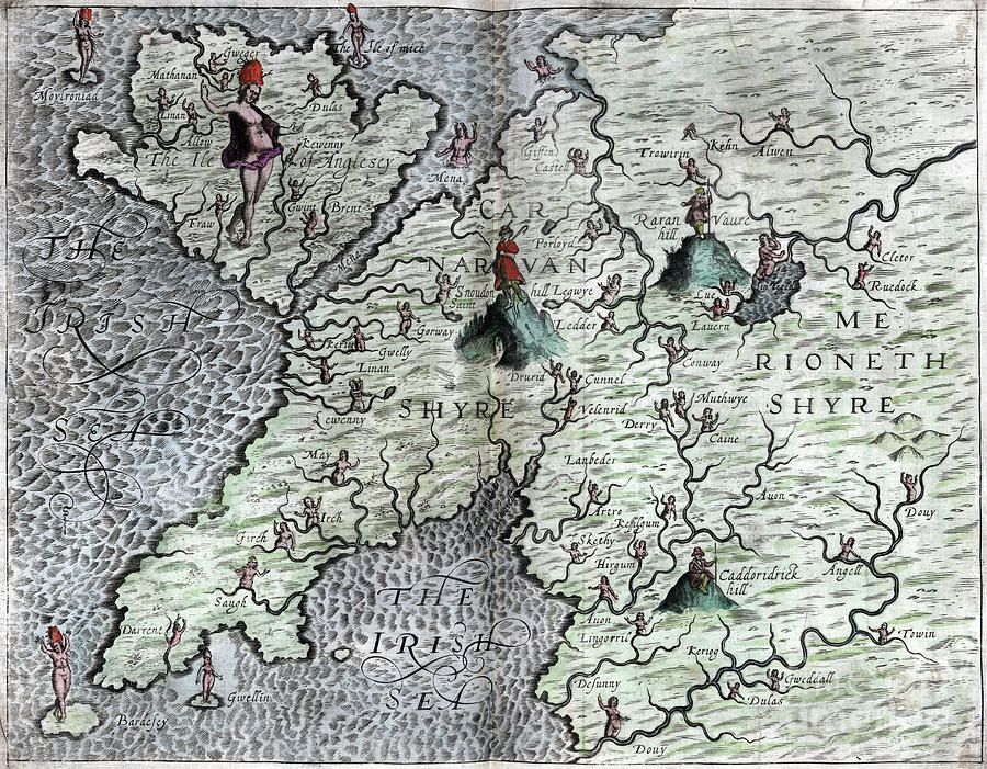 Poly-Olbion - Map of Caernarfonshire and Merionethshire, Wales Drawing by Michael Drayton