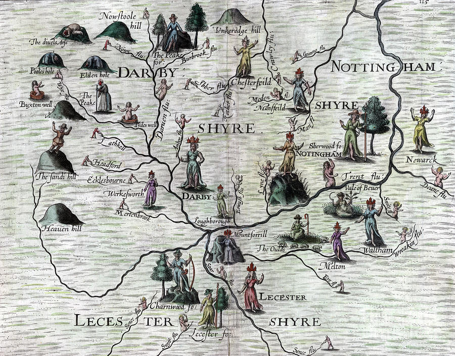 Poly-Olbion - Map of Derbyshire, Nottinghamshire, and Leicestershire, England Drawing by Michael Drayton