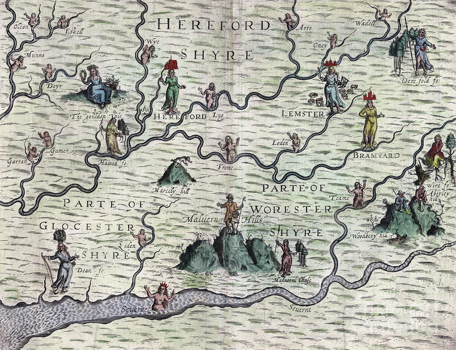 Poly-Olbion - Map of Herefordshire, Gloucestershire, and Worcestershire, England Drawing by Michael Drayton