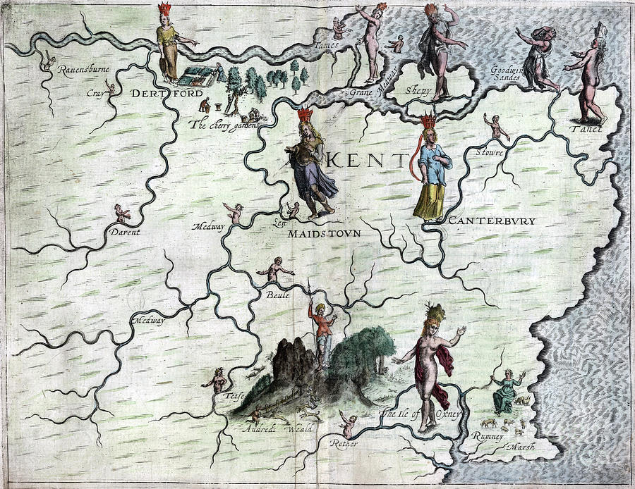 Poly-Olbion - Map of Kent, England Drawing by Michael Drayton