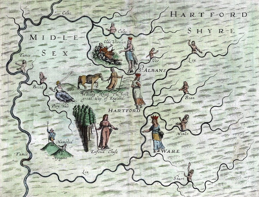 Poly-Olbion - Map of Middlesex and Hertfordshire, England Drawing by Michael Drayton