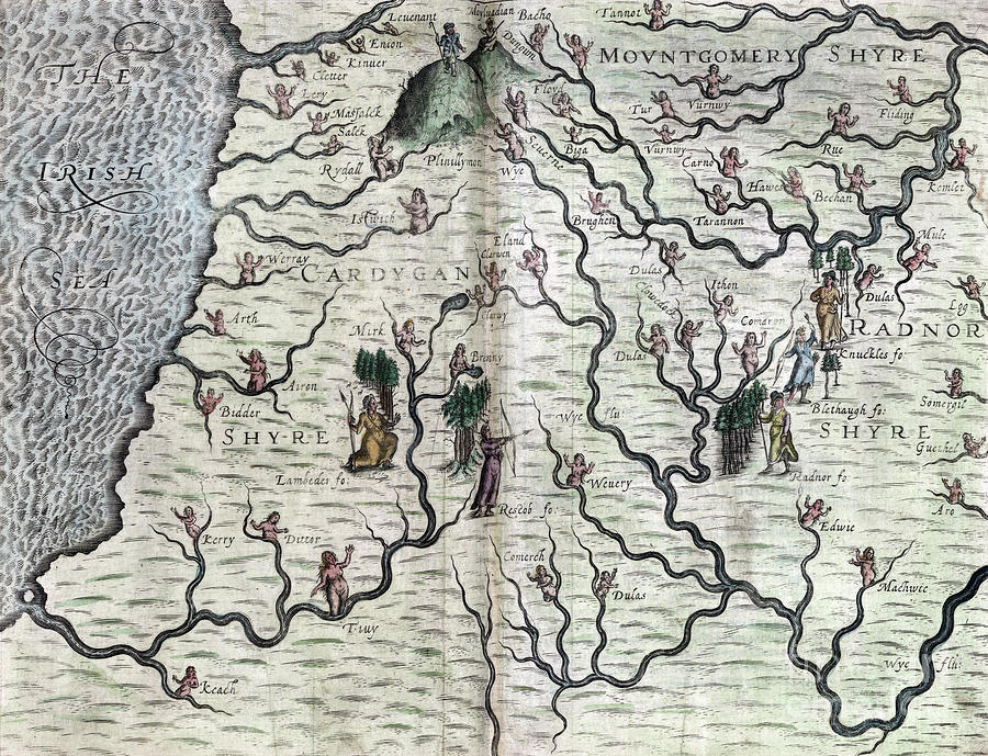 Poly-Olbion - Map of Montgomeryshire, Ceredigion, and Radnorshire, Wales Drawing by Michael Drayton