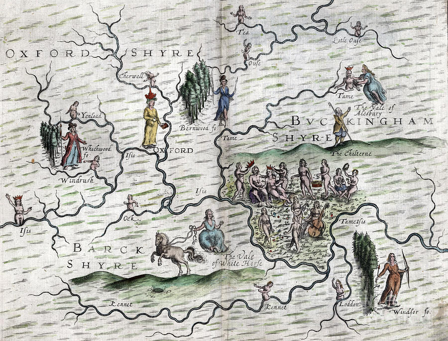 Poly-Olbion - Map of Oxfordshire, Berkshire, and Buckinghamshire, England Drawing by Michael Drayton