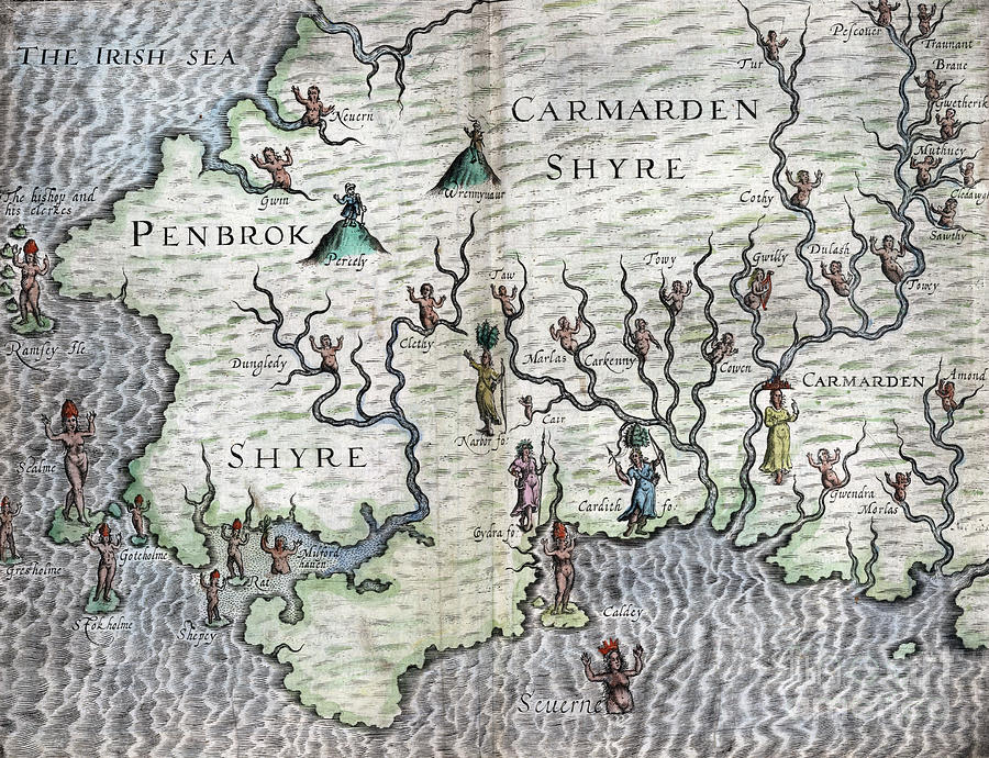 Poly-Olbion - Map of Pembrokeshire and Carmarthenshire, Wales Drawing by Michael Drayton