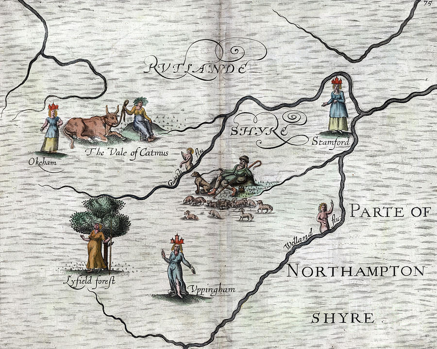 Poly-Olbion - Map of Rutland and part of Northamptonshire, England Drawing by Michael Drayton