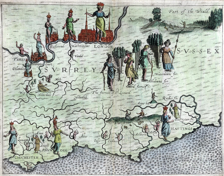 Poly-Olbion - Map of Surrey and Sussex, England Drawing by Michael Drayton