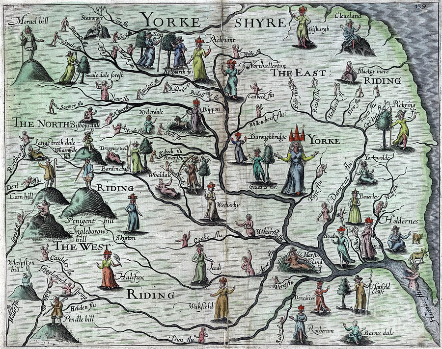 POLY-OLBION - Map of Yorkshire, England, 1622 Drawing by Michael Drayton