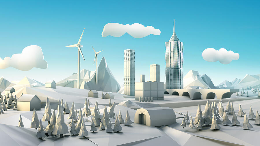 Polygon landscape with windmill, city and forests Photograph by Radoxist studio
