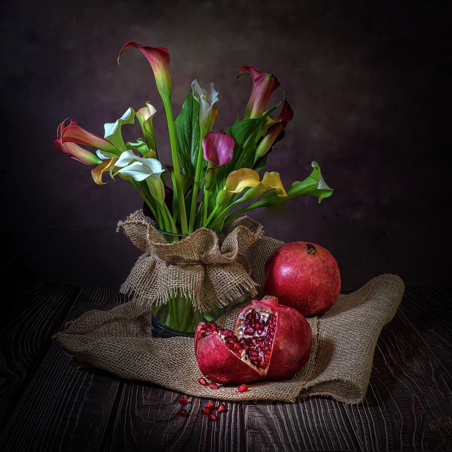 Pomegranate with Calla Lilies Still Life Photograph by Lily Malor